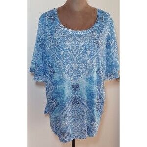 Concepts T-Shirt Women XL‎ Blue Geometric Paisley Flutter Sleeves Rhinestones